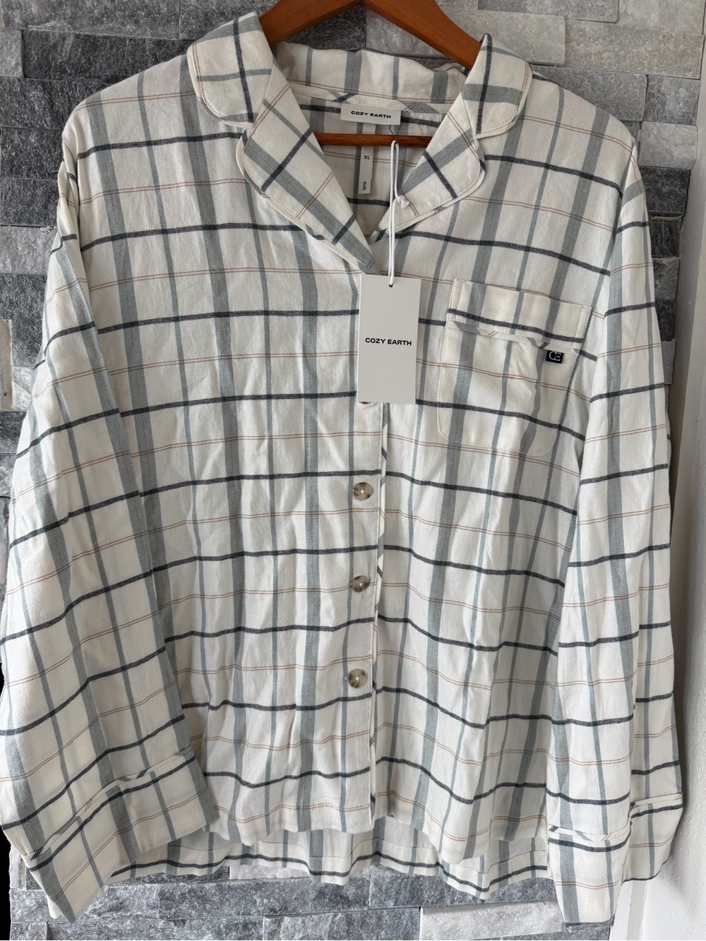 Women's COZY EARTH NWT Farmhouse Long Sleeve Pajama Top-Bone/Deep Blue-XL